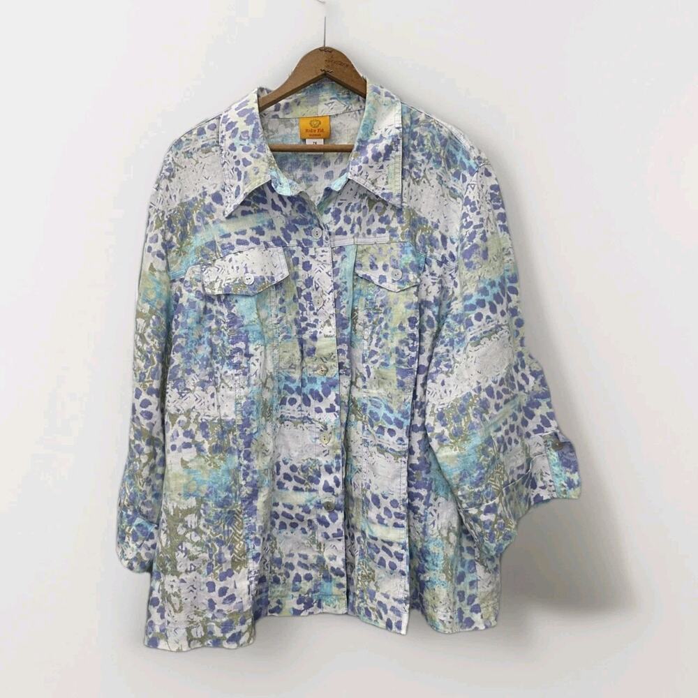 Ruby Rd Women's 2X Linen White Blue 3/4 Sleeve Button Up Blouse Geo Shacket